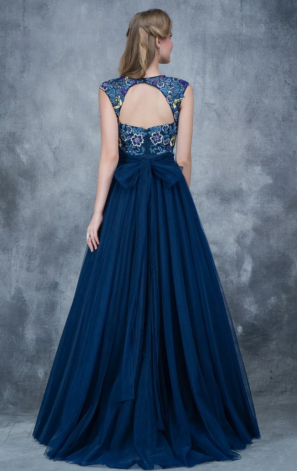 Cap Sleeves Party Fashion Dress Navy Tulle Evening Prom Dresses Z5028