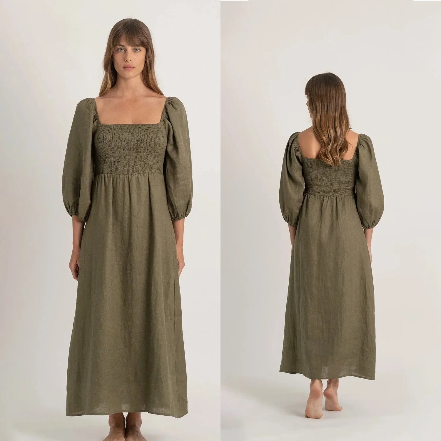 Women's Clothing Linen Casual Square Neck Bubble Sleeve Flared Women's Long Dress