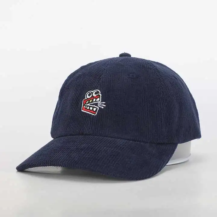 High Quality Wholesale Custom Embroidery Logo 6 Panel Sport Hat Navy Blue Corduroy Gorras OEM Woven Patch Baseball Cap Hat