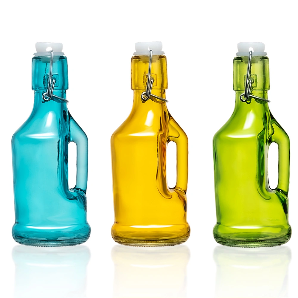 Wholesale 200ml Colored Mini Glass Oil and Vinegar Bottle Glass Handle Swing Top Bottle for Fermented Beer Kefir Water Kombucha