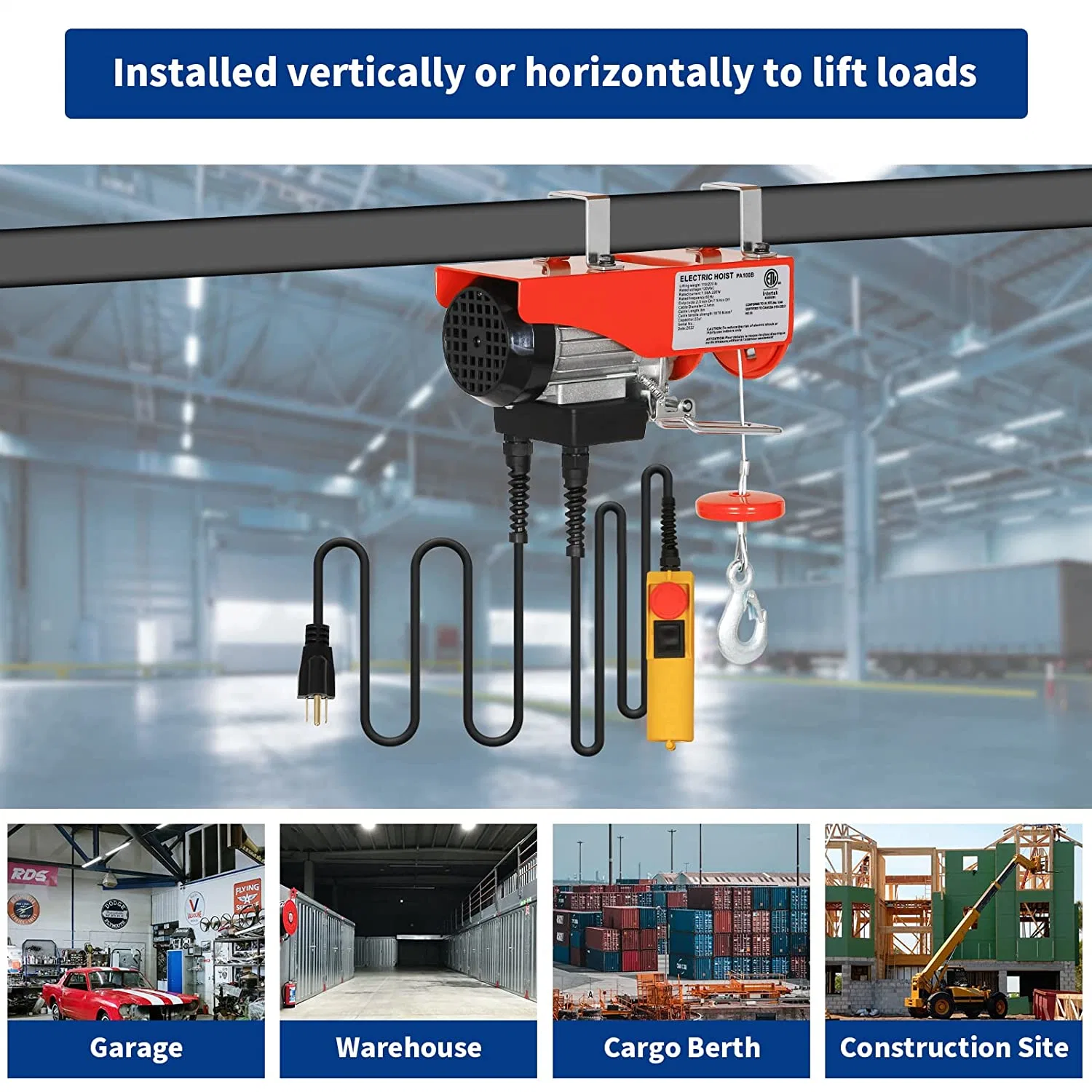 200/300/400/500/600/800/1000kg Lift Electric Hoist Overhead Crane Garage Ceiling Winch Wire Rope Hoist