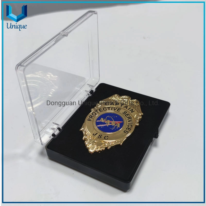 China Direct Metal Crafts Manufacturer Custom Military Army Security Metal Police Badge, Hard/Soft Enamel Gold 3D Police Badge with Acrylic Box Packing