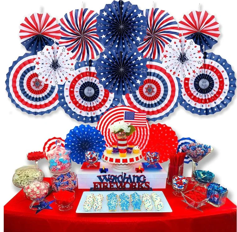 Independence Day Handmade Home Decor USA Patriotic Hanging Fourth of July 4th of July Decoration Parade Party Paper Fan Set