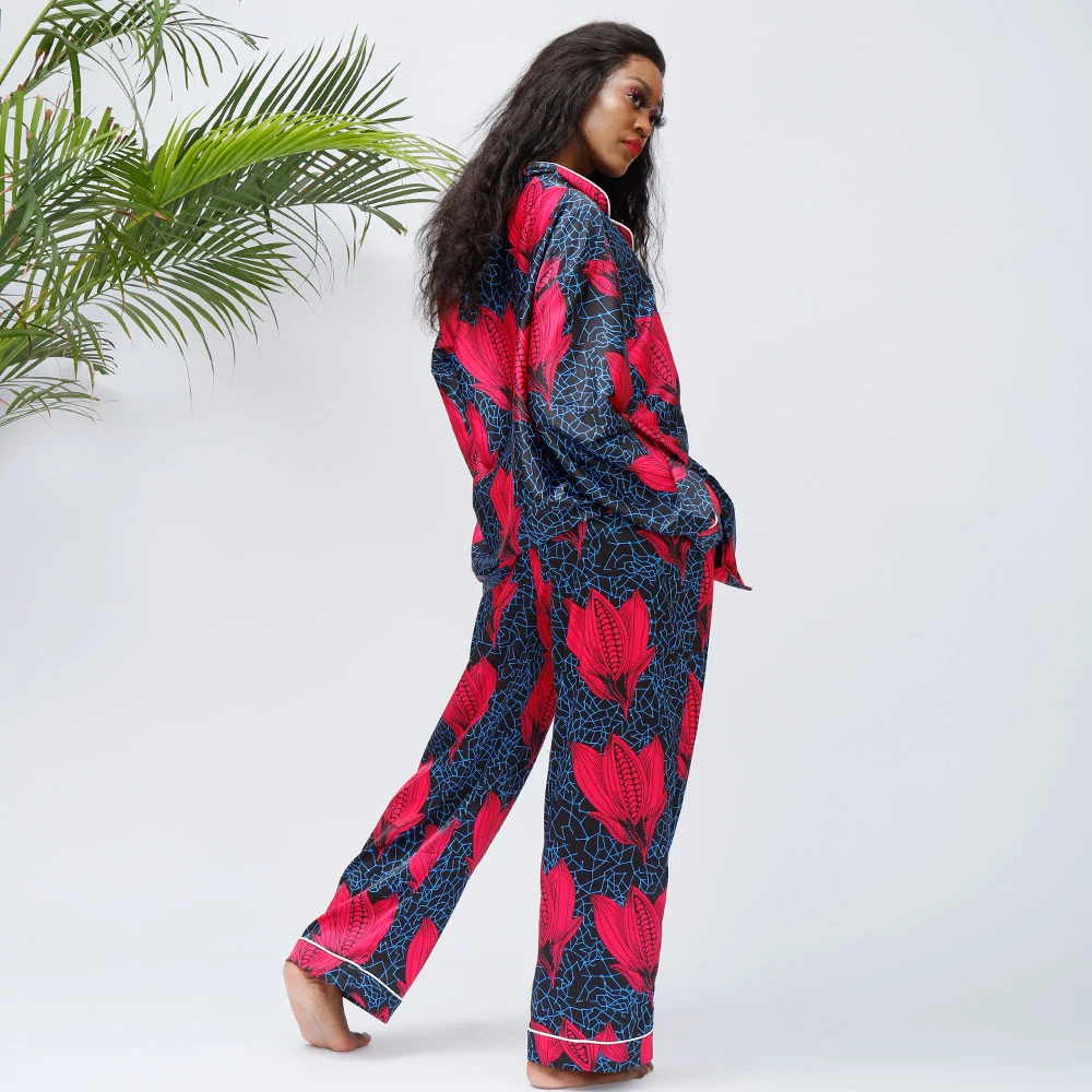 African Print Satin Fabric Fashion Sexy 2 Pieces Long Sleeve Pajamas Women Sleepwear