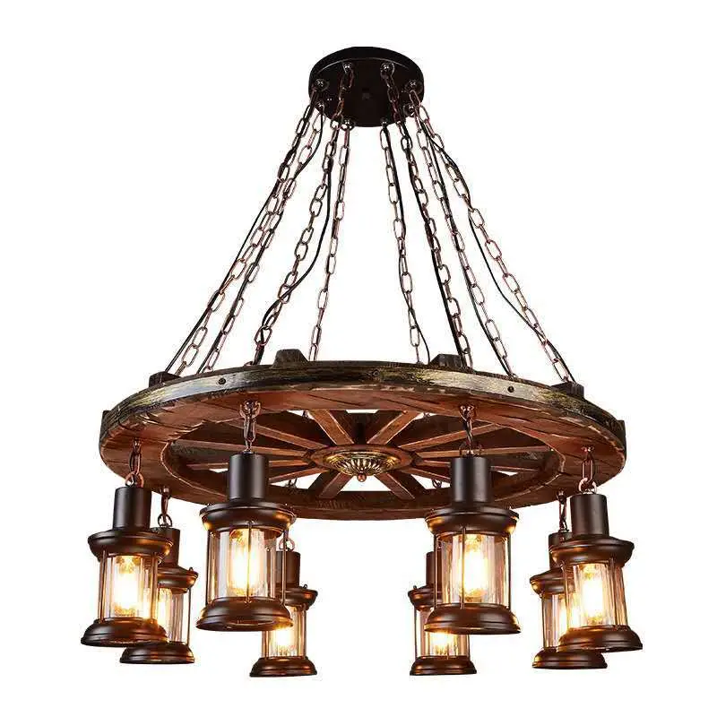 Style de décoration intérieure industriel nordique Lustre en bois et fer forgé avec éclairage LED