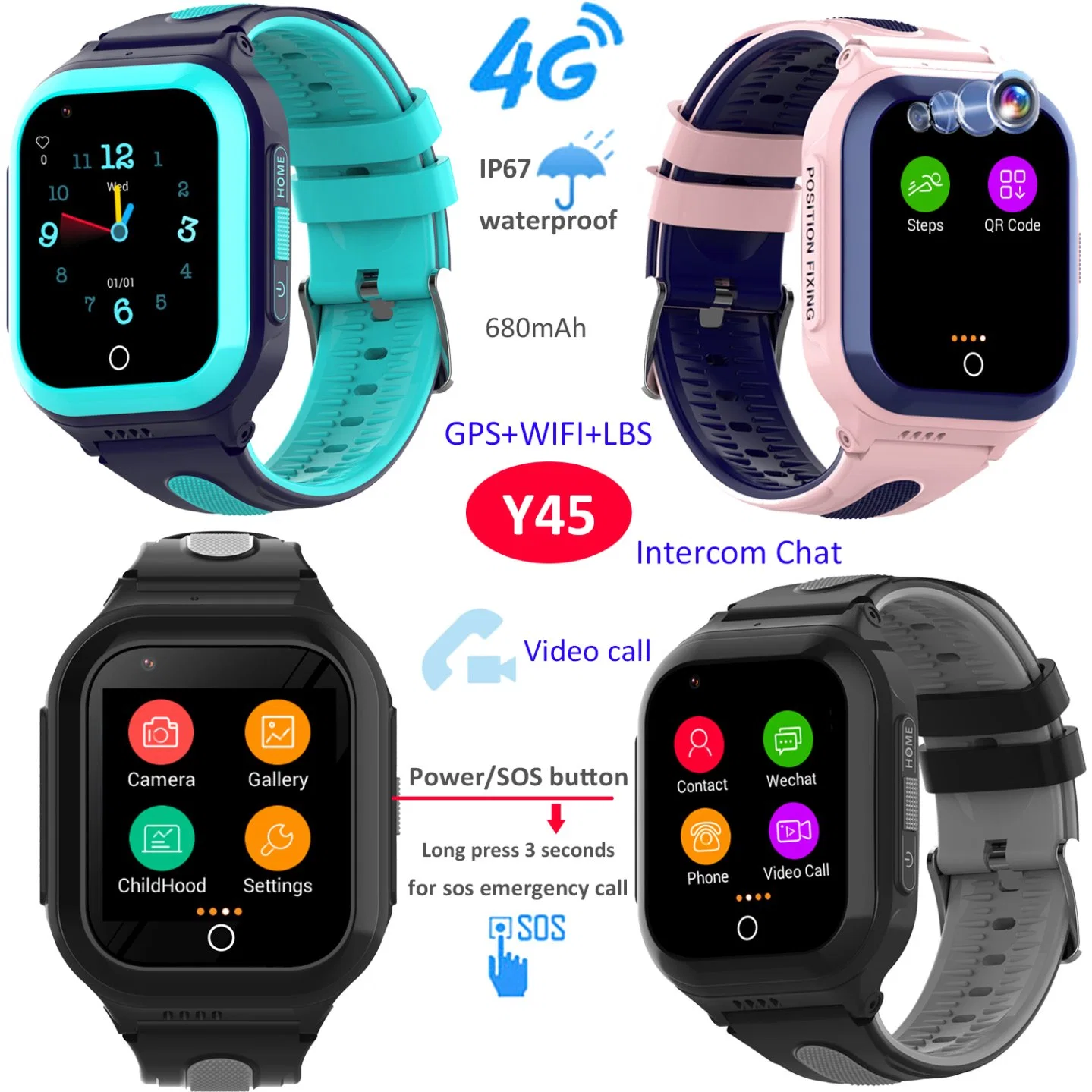 New Developed China Factory 4G IP67 Waterproof Slim Design school Boys Girls GPS Phone Watch with Video Call History Tracking Y45