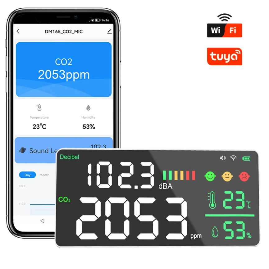 Medidor de intensidad de ruido doméstico decibelios Monitor de calidad de Aire inteligente CO2 Alarma automática del medidor de nivel de sonido capacitivo