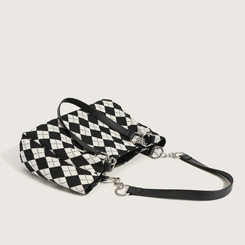 Classical Black White Geometric Pattern Women's Bag Large Shoulder Bag Soft Knit Checkered Tote Handbag with Half Chain PU Leather Handle