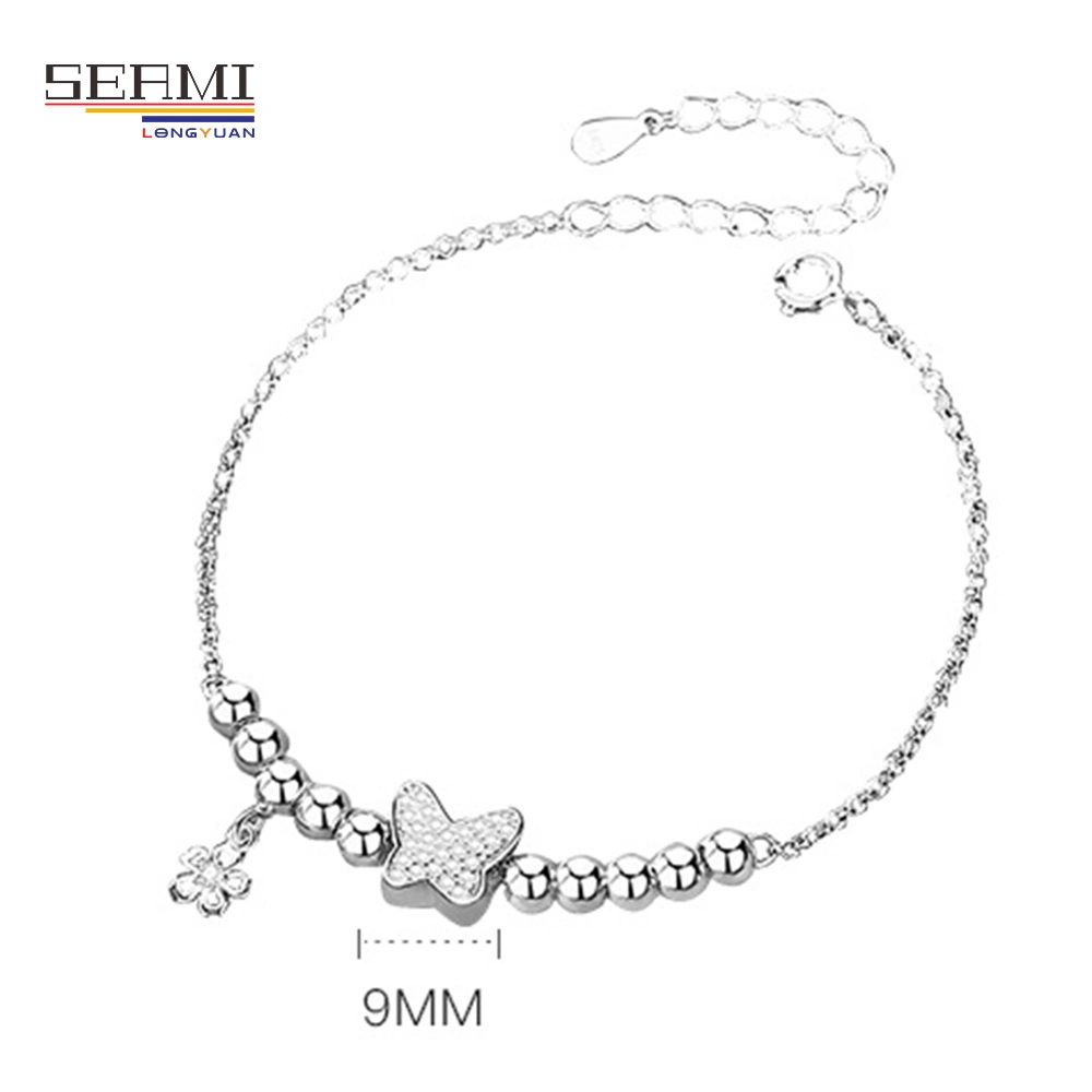 Delicate Rosary Beaded Chain 925 Silver Flower Charm Bracelet Women