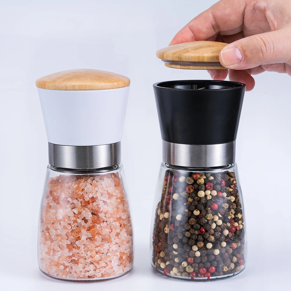 Bamboo Lid Glass Bottle Spice Mill 2PCS Salt Pepper Grinder Set