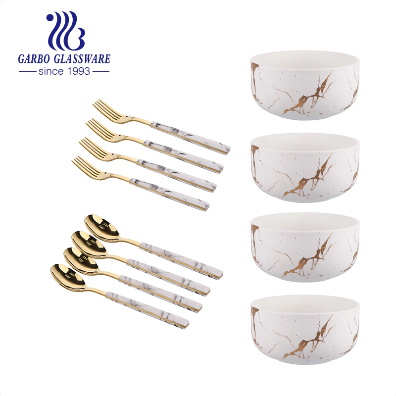 12PCS Hot Selling Dinner Set Marble Design Flat Food Serving Ceramic Plate and Stainless Steel Knife and Fork Set New Style Combined Tableware Set