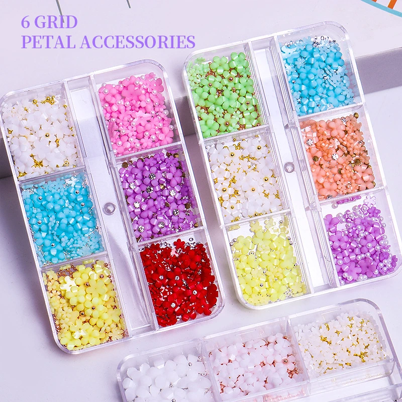 New Design 6 Grid Five Petal Resin Flower Mixed 3D Acrylic Flower Nail Charms for Nails Decoration