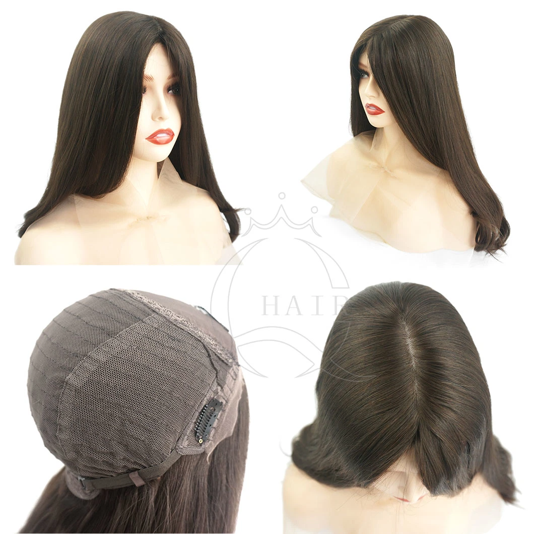 Virgin Hair C18 polegada China Ortodoxa religião cabelo humano para Kosher All Hand Ted Long Silk Top Wig Big Layer Castanho escuro com 1 polegada de tamanho grande de onda de densidade pesada