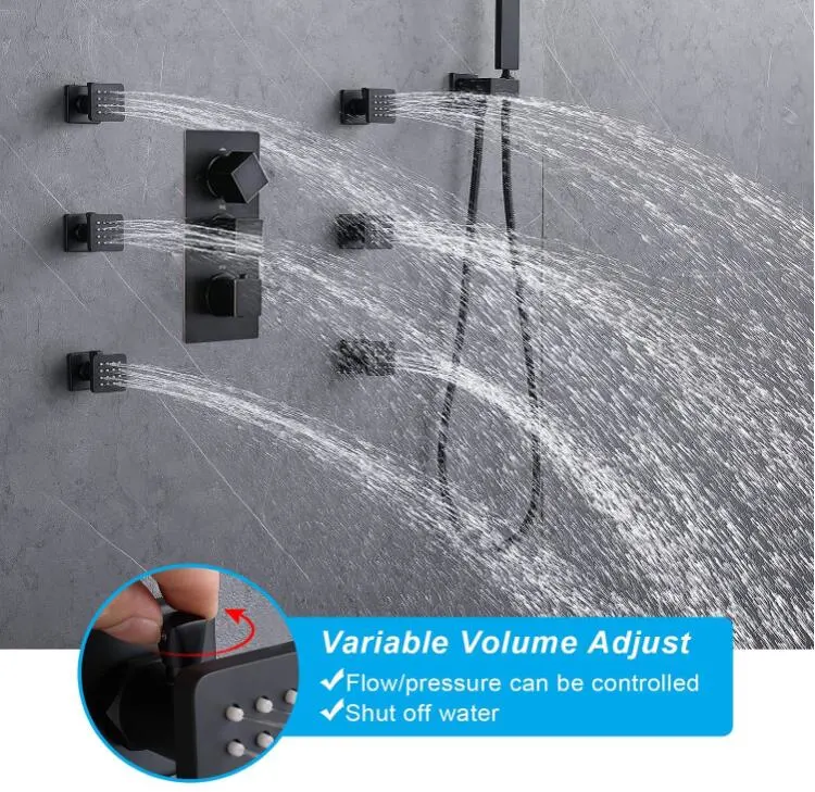 Matte Black 12 Inch LED Thermostatic Overhead Rain Shower Jet Set, Body Spray with on-off Switch