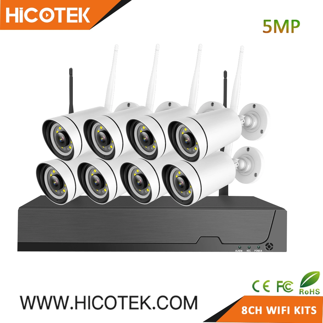 CCTV IP WiFi Wireless Night Vision de 5 MP e 8 canais para exterior Kits de câmaras NVR a cores 24/7 com áudio de duas vias humano Deteção de alarme aplicação de telefone armazenamento na nuvem