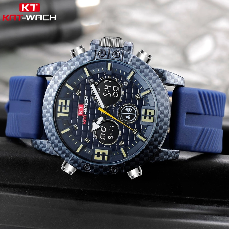 Custom Carbon Fiber Designed Men&prime; S Sport Style Quality Digital LCD Analog Dual Time Chronograph Waterproof Relojes Watch