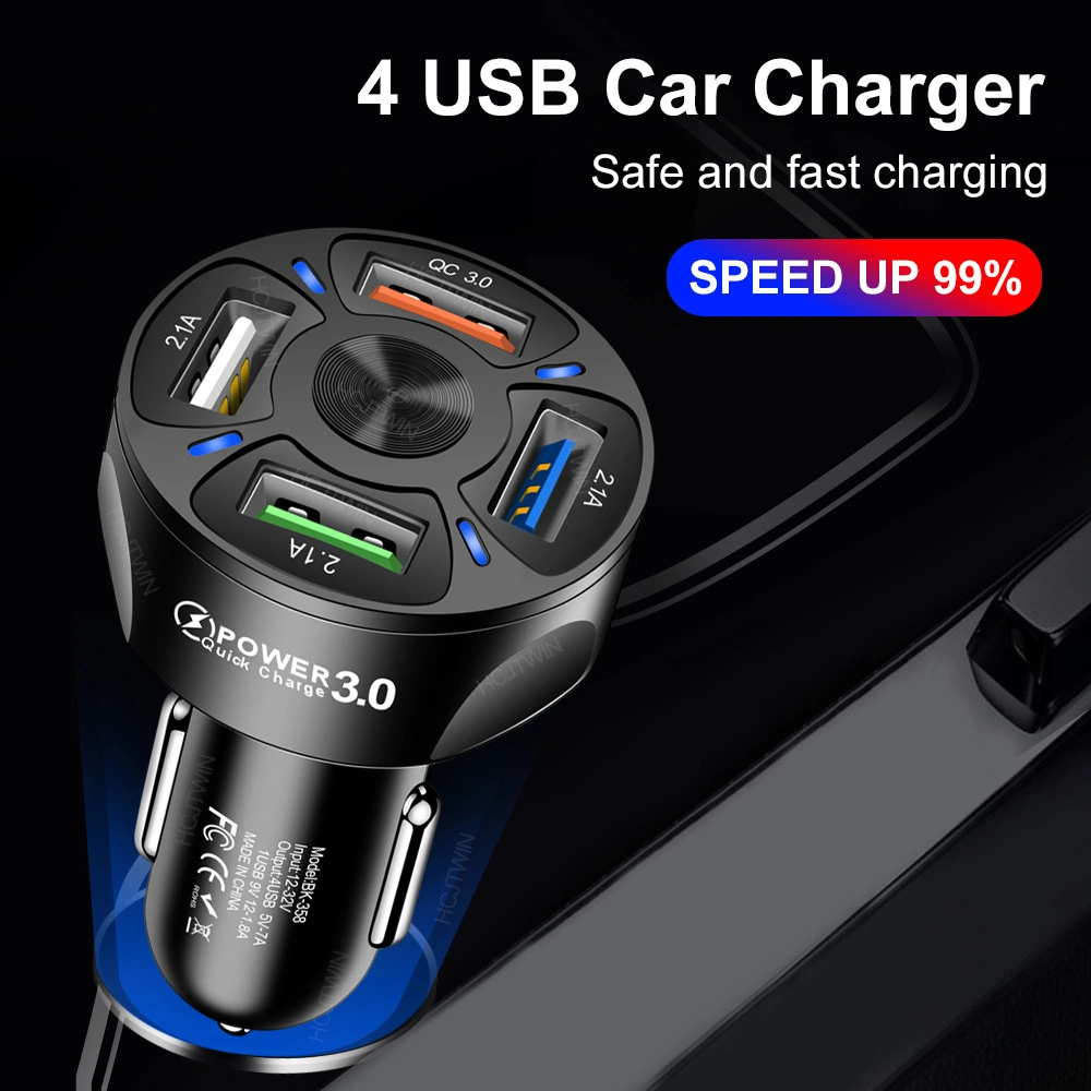 Alimentation électrique en gros 35W Adaptateur de chargeur de voiture QC3.0 Lumière LED Chargeur de voiture USB 4 ports