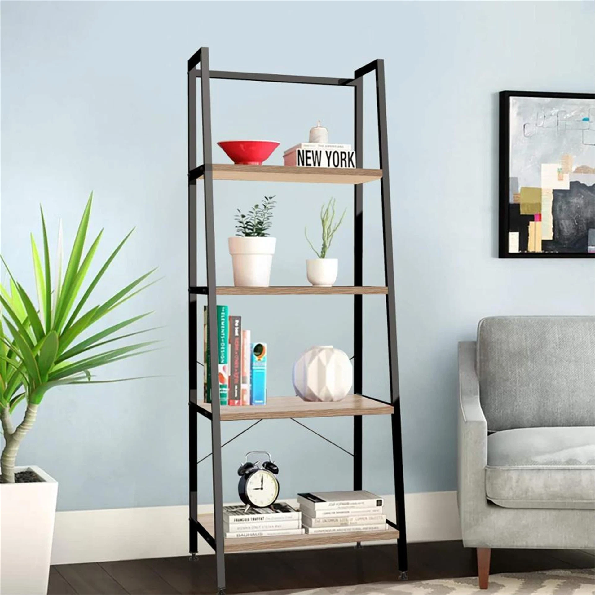 4 Tier Wooden Ladder Bookshelf Metal Frame Industrial Bookshelf Display Rack