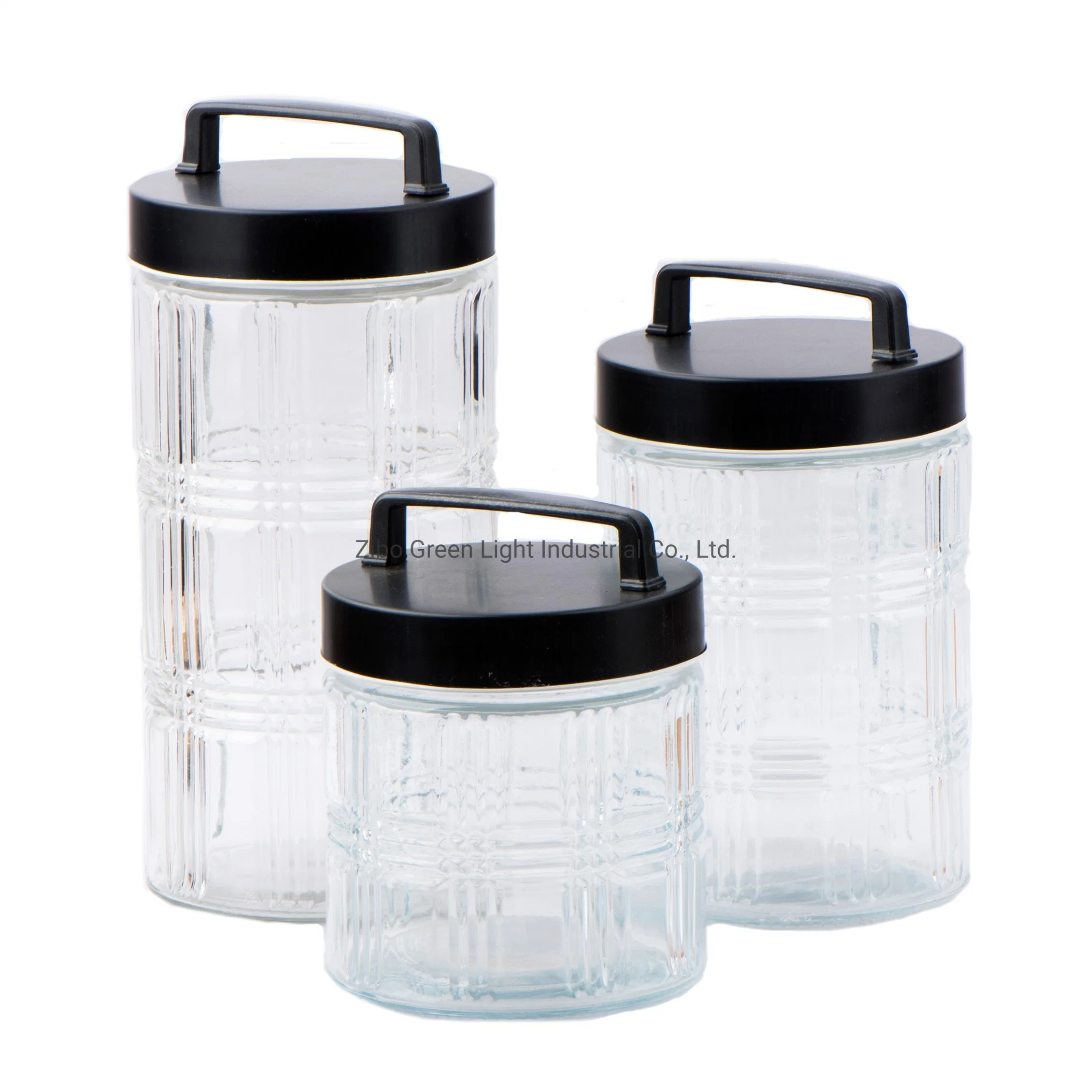 Embossed Glass Food Storage Jar with Black Metal Screw Lid