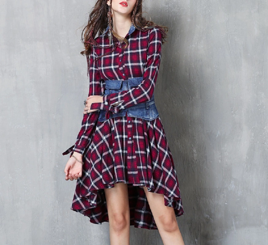 Fashion Woman Dresses Cotton Shirt Dress Long Sleeve Plaid Asymmetrical Turndown Collar Detachable Denim Belt Pullover Dresses Burgundy Esg16125