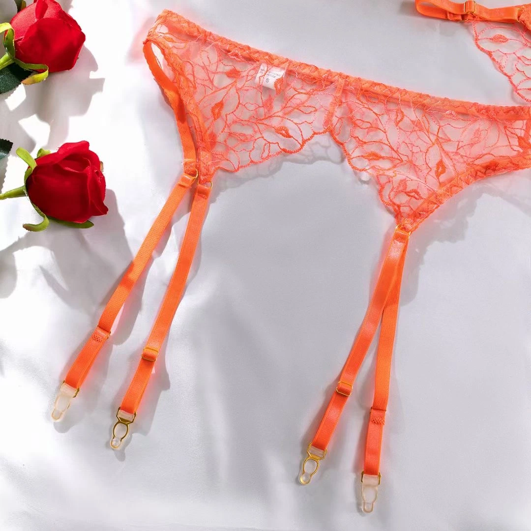 Charming Orange Erotic Bralette G-String Underwear 4 Piece Hollow out Lace Women's Sexy Lingerie Bra Sets