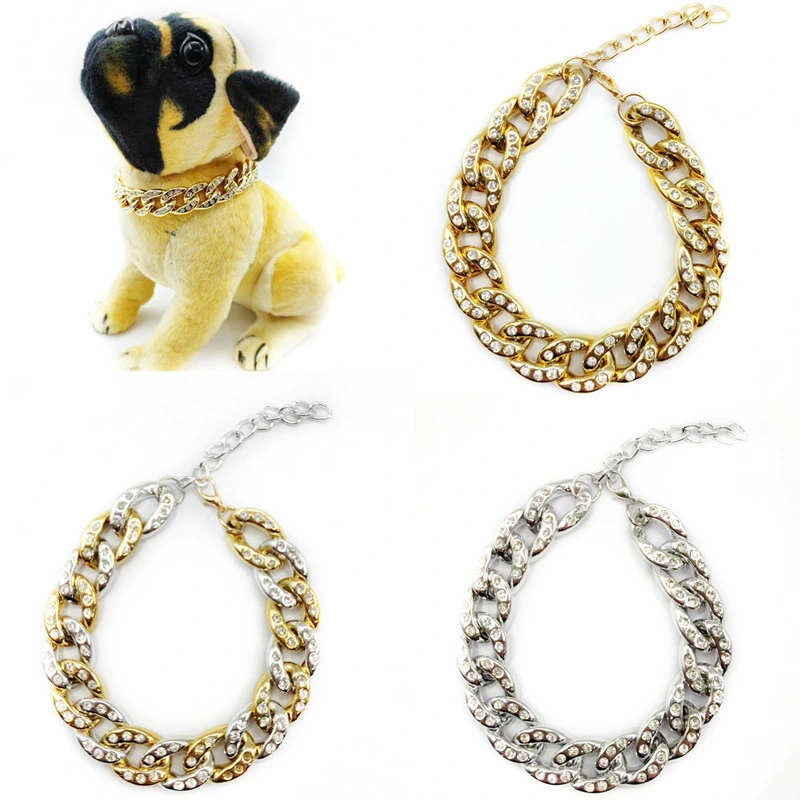 Luxury Gold Rhinestone Stainless Steel Lead Dog Choke Chains Collar Pet Dog Accessories Collar