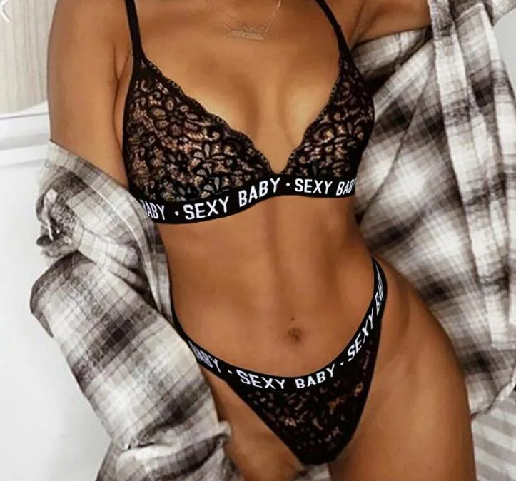Sexy Letter Print Transparent Push up Bra and Panty Set