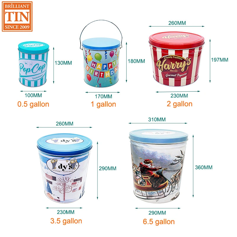 0.5/1/2/3.5/6.5 Gallon Metal Bucket Popcorn Tin with a Lid