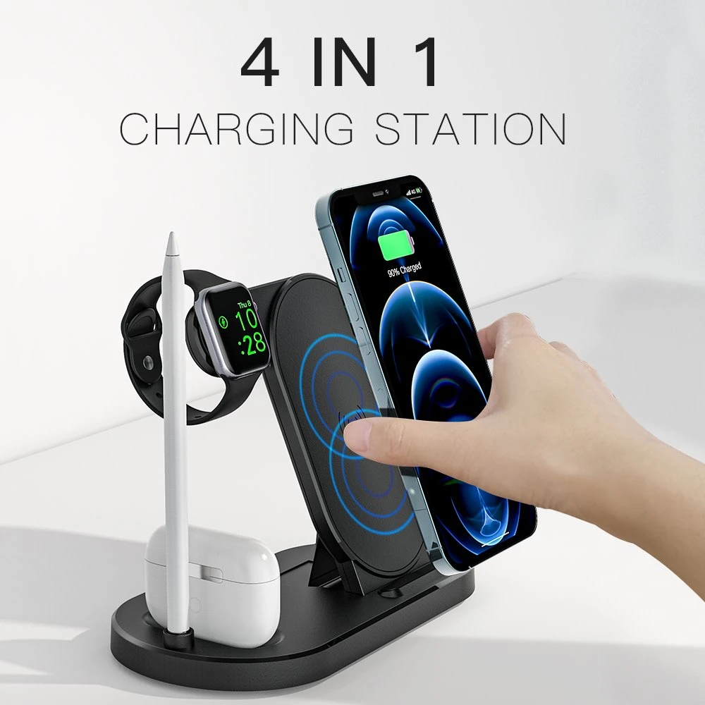 Wireless Charging Stand 4in1 Charger for Smartwatch iPhone 11/12 Headset 4 in 1 Qi Wireless Charger Pen Phone Holder