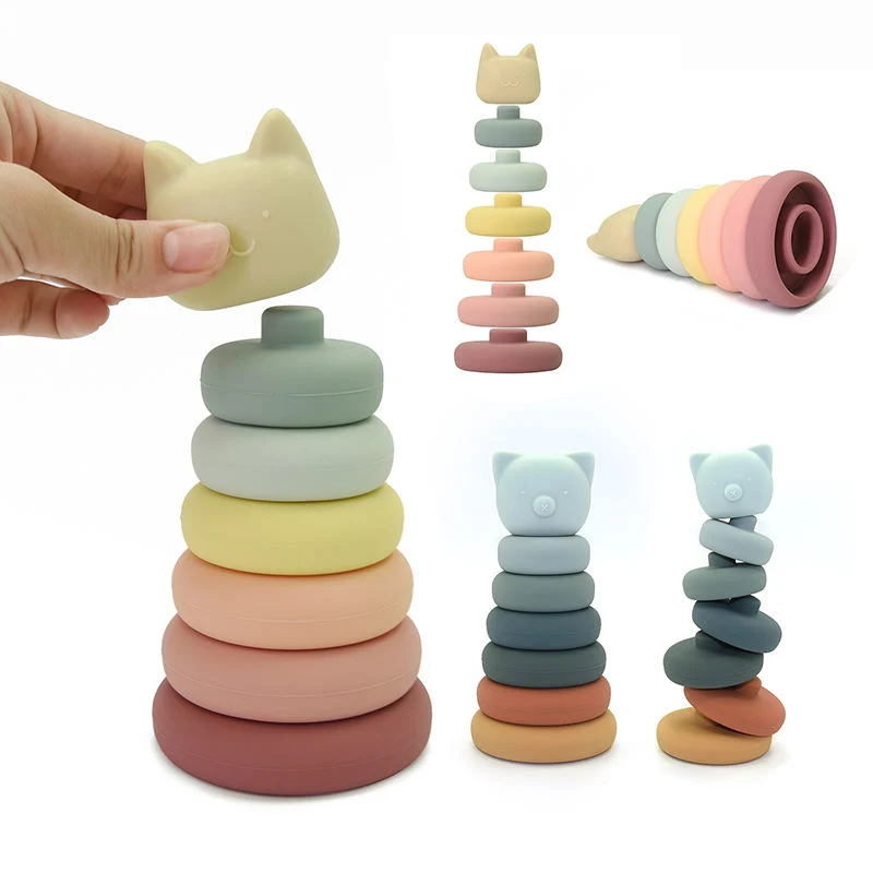 Silicone Rainbow Stacking Ring Tower Game Blocks Baby Montessori Toys