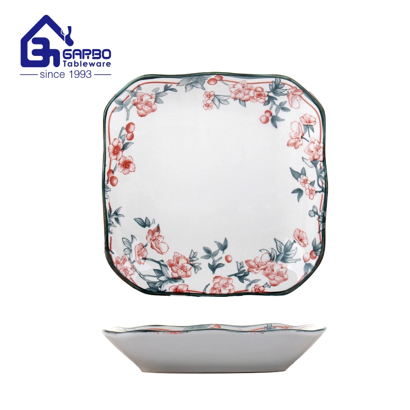 8 Inch Ceramic Porcelain Square Soup Plates and Dishes Dinnerware Set with Decal Flower