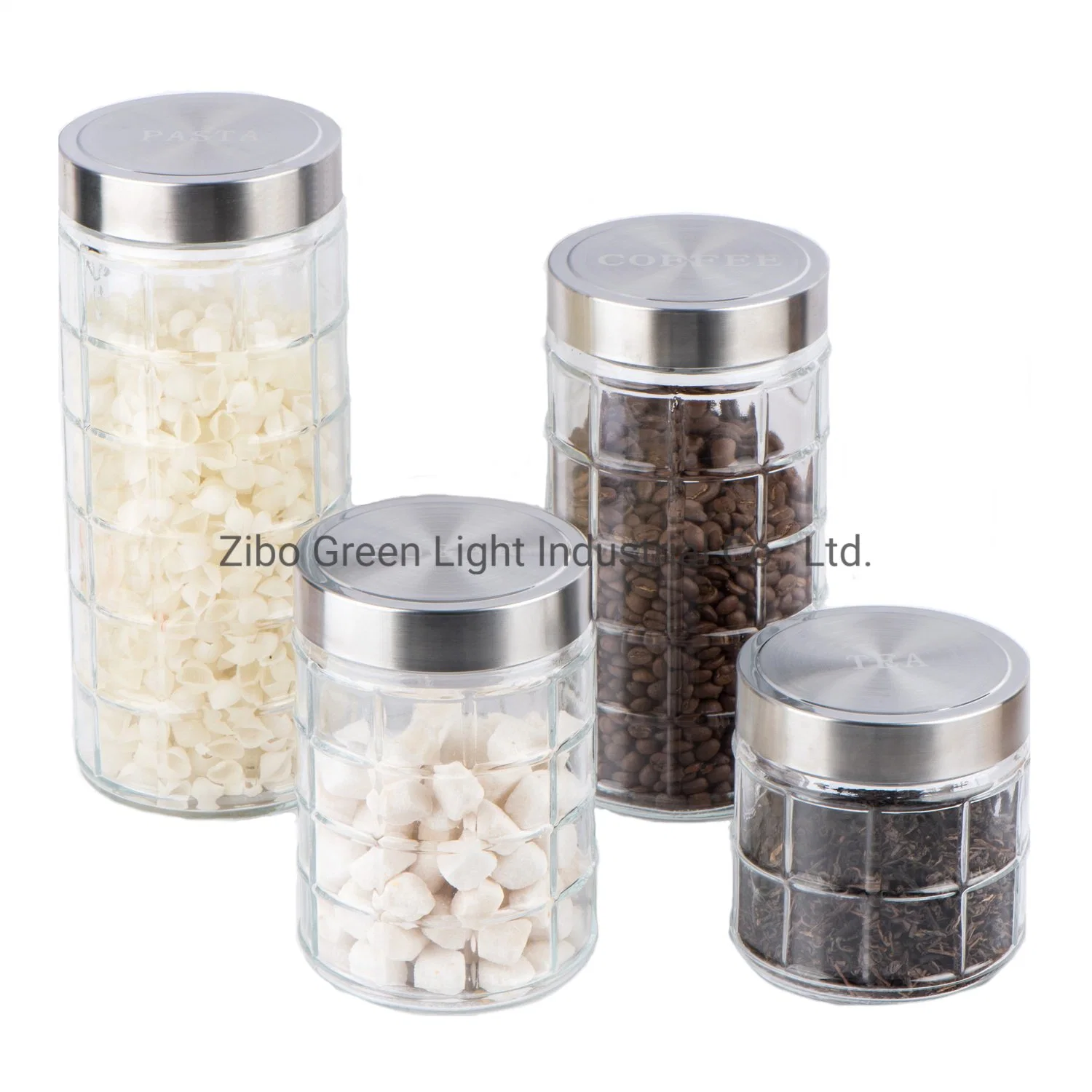 Glass Food Storage for Pasta Coffee Cookie with Embossed Design and Stainless Steel Lid