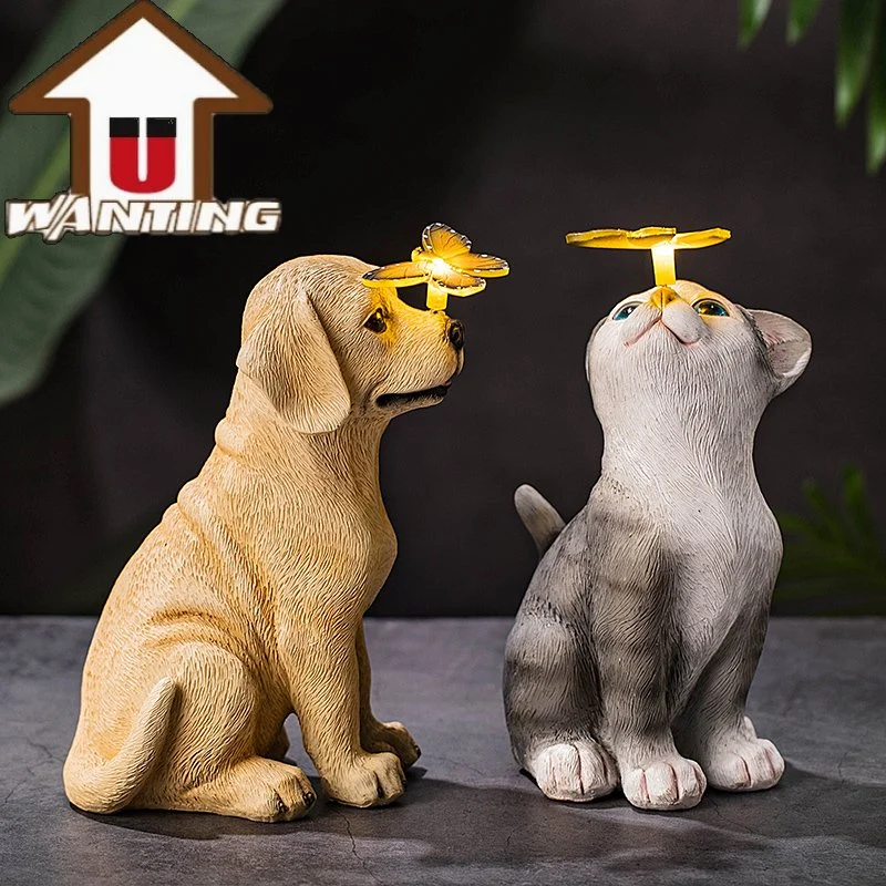 Garden Decoration Animal Craft Cute Cat Play with Butterfly Solar Light Decor