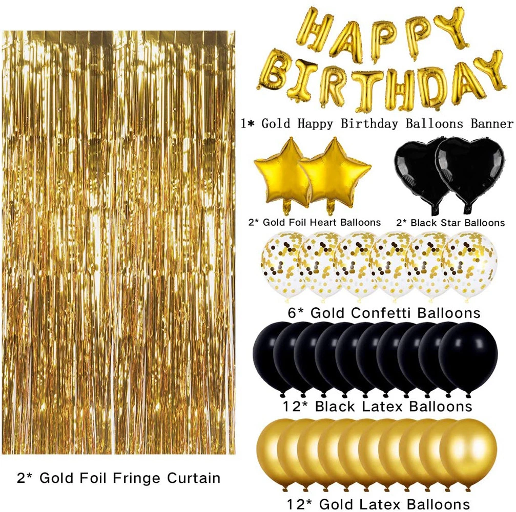 16&Prime; Black and Gold Happy Birthday Letter Balloon Set