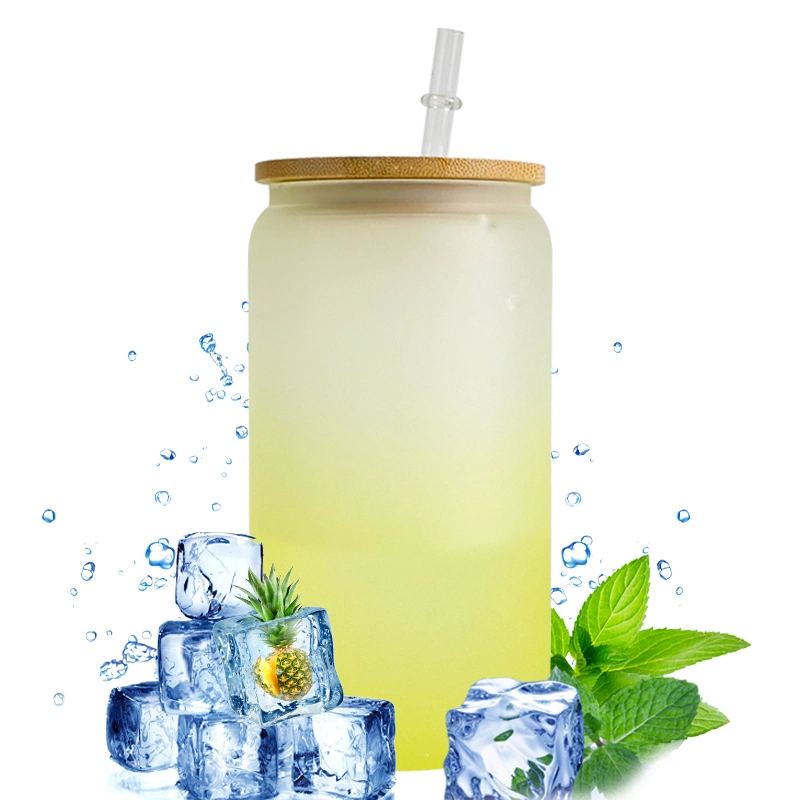 USA Warehouse 16oz Color Change Glass Can Can Shaped Drinkware with Bamboo Lid and Straw for White Sublimation Transfer