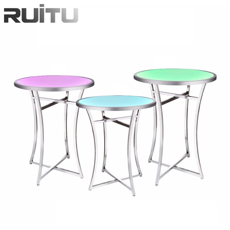 Buffet Catering Restaurant Dining Table Furniture for Wedding and Event Round Foldable Mirror Glass Top Cocktail LED Light Decoration Bar LED Event Coffee Table