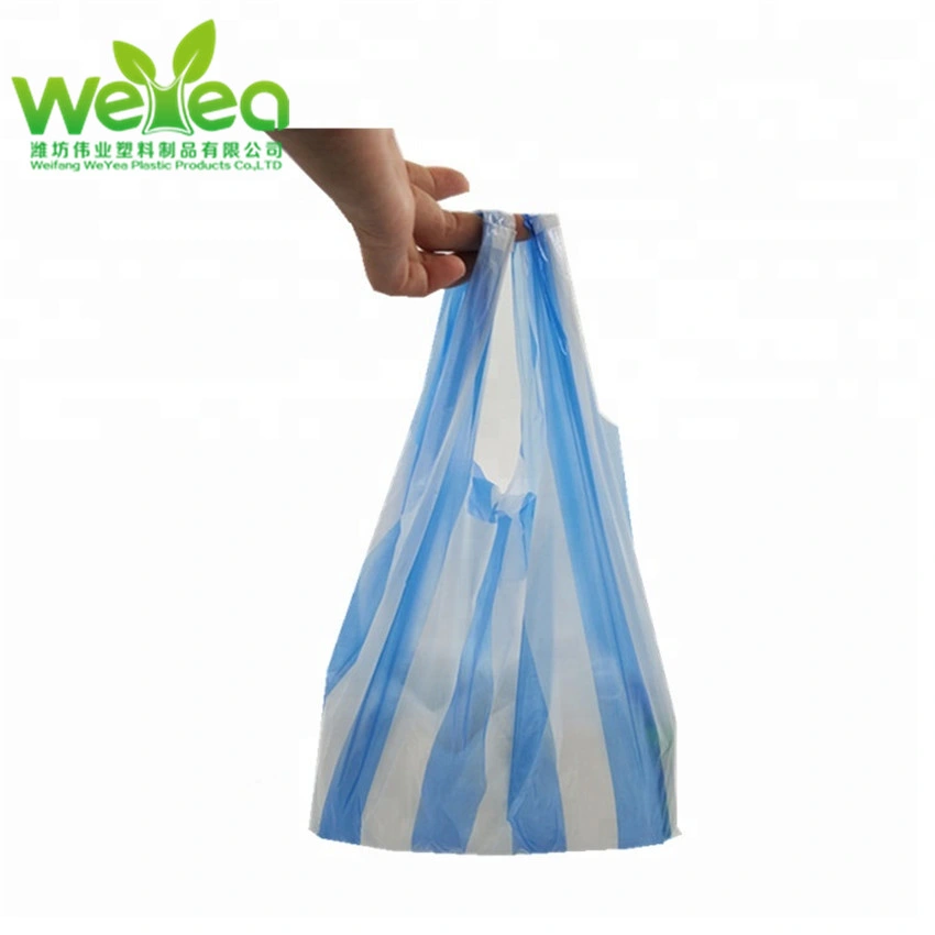 Biodegradable baratos&amp;pelado azul blanco Camiseta bolsas de productos de plástico