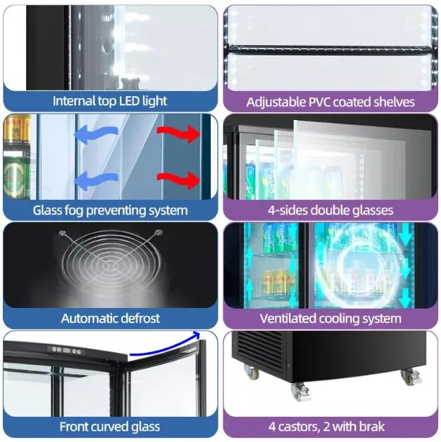 238L Four-Sided comercial cinta transparente de bebidas de luz LED Vitrina refrigerada