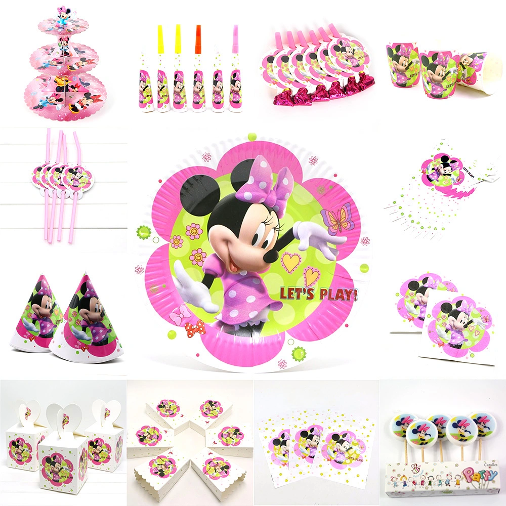 Conjunto de decoración de fiesta de cumpleaños de Minnie Mouse: suministros de fiesta, vasos de papel, platos, servilletas, banderín, sombrero, pajita, caja de dulces