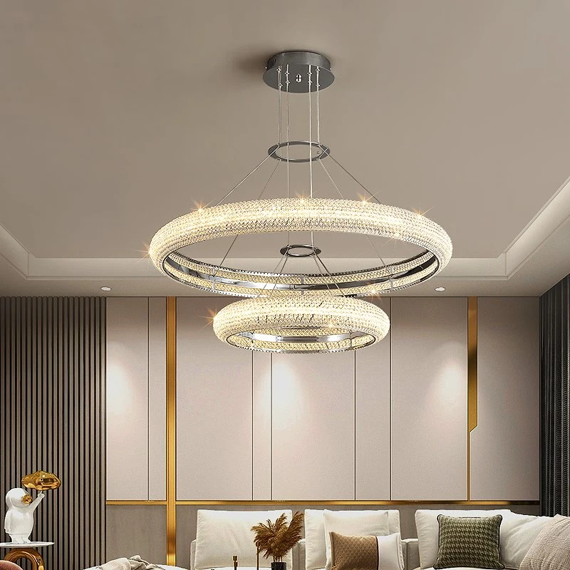 2022 Modern Round Circle Silver Metal Luxury Crystal Ceiling Chandeliers LED Nordic Pendant Lights