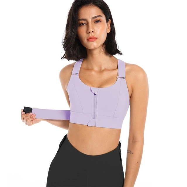 Mujer Deportes Bras Medias Top corta Yoga camiseta delantera Zipper Plus Size Correa ajustable a prueba de golpes Gimnasio Fitness Athletic Corte