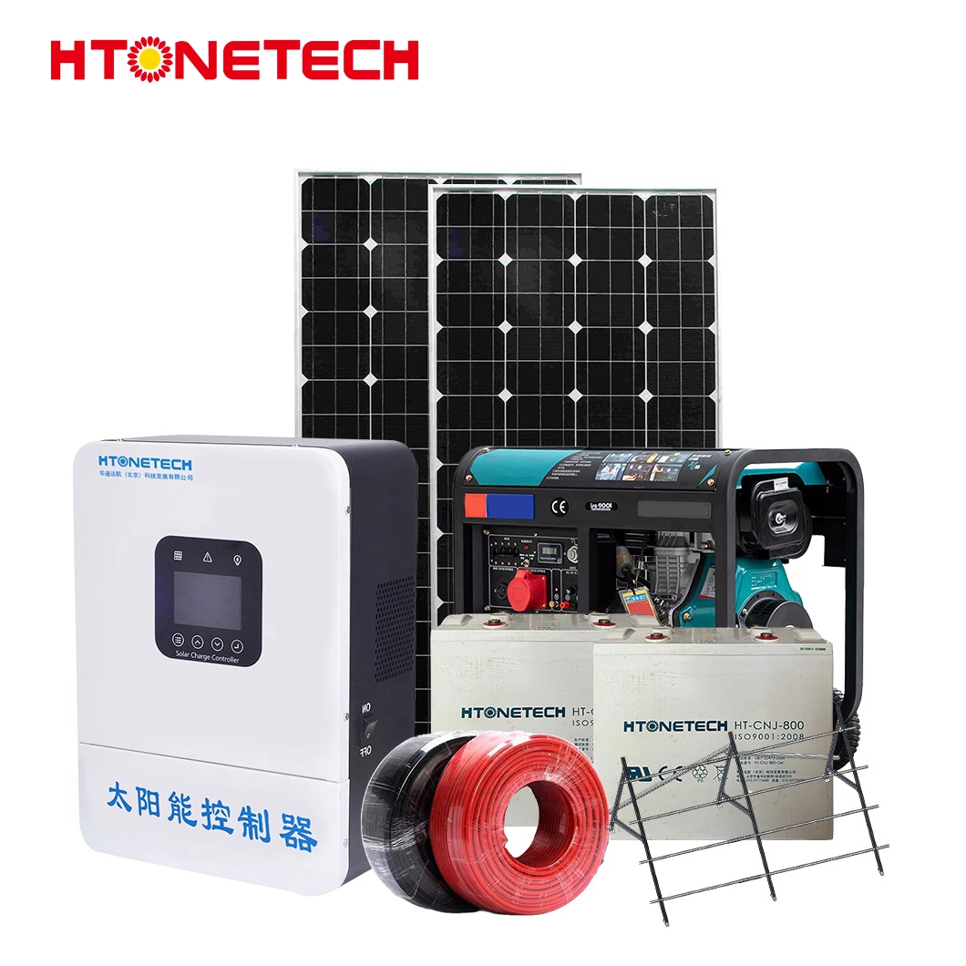 مجموعة Htonetech off Grid Solar System الكاملة الصين 5000واط 45025 واط لوحات شمسية أحادية البلورات بقدرة 400 واط تعمل بالطاقة الشمسية، تعمل على إنشاء مولد ديزل صناعي بقدرة 3 كيلووات الطاقة الهجين