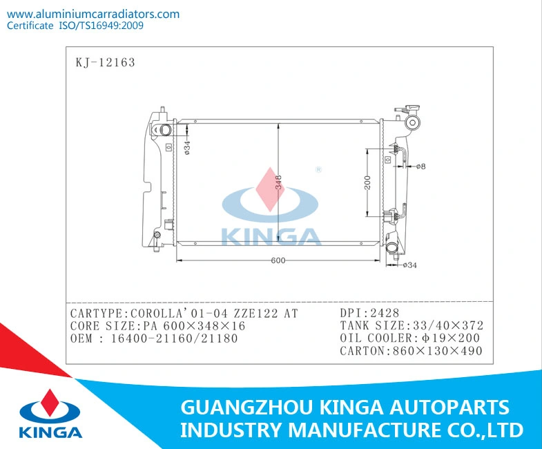 Radiador do Motor Automático para Corolla 01-04 Zze122 em 16400-21160.