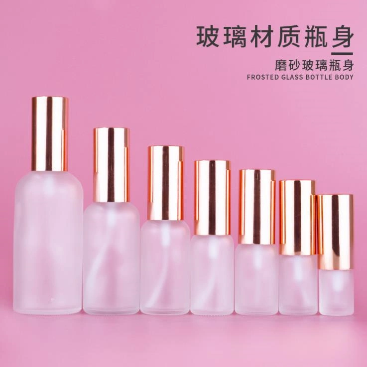 Hot Sale Luxury Empty Matte Essential Oil Glass Bottle Rose Gold Color Pump Spray Cover Perfume Glass Bottle