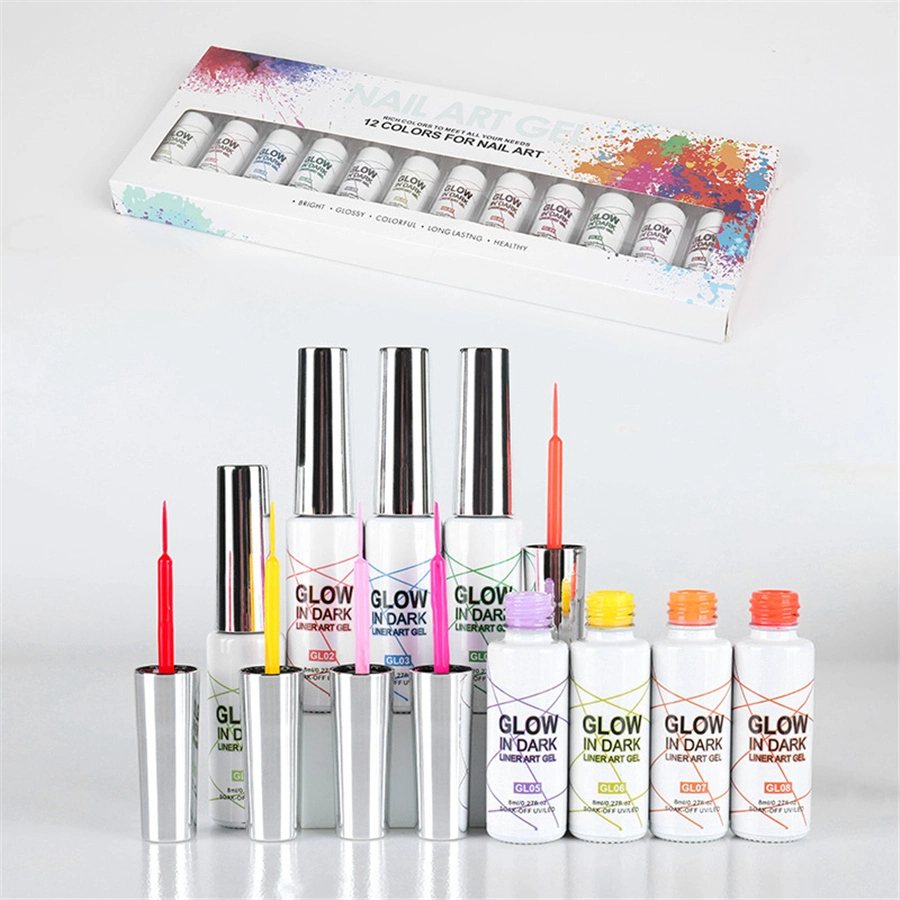 Nail Art 12 Color Luminous Pull Line Phototherapy Glue Painting Flower Nail Painted Glue Hook Line Nail Polish Glue Set