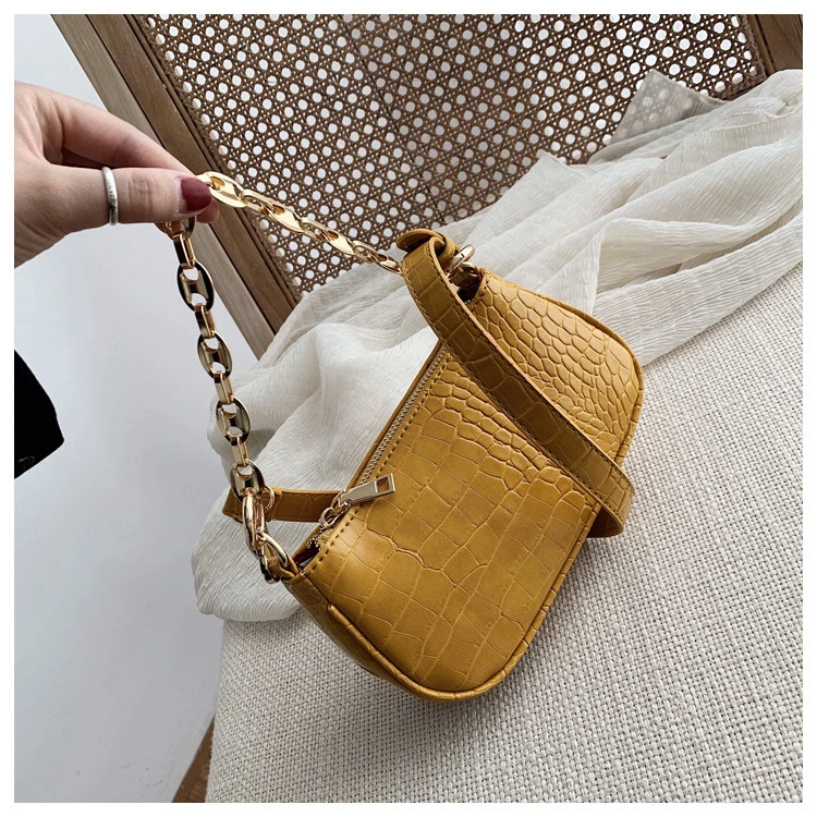 Fashion Crocodile Pattern Baguette Bags Mini PU Leather Shoulder Bags for Women Chain Designer Luxury Handbag