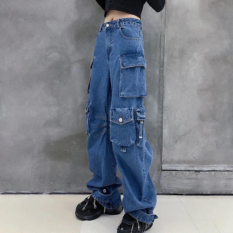 Nouveaux pantalons cargo à la mode automne Hip Hop Jeans à jambes larges à poches multiples.