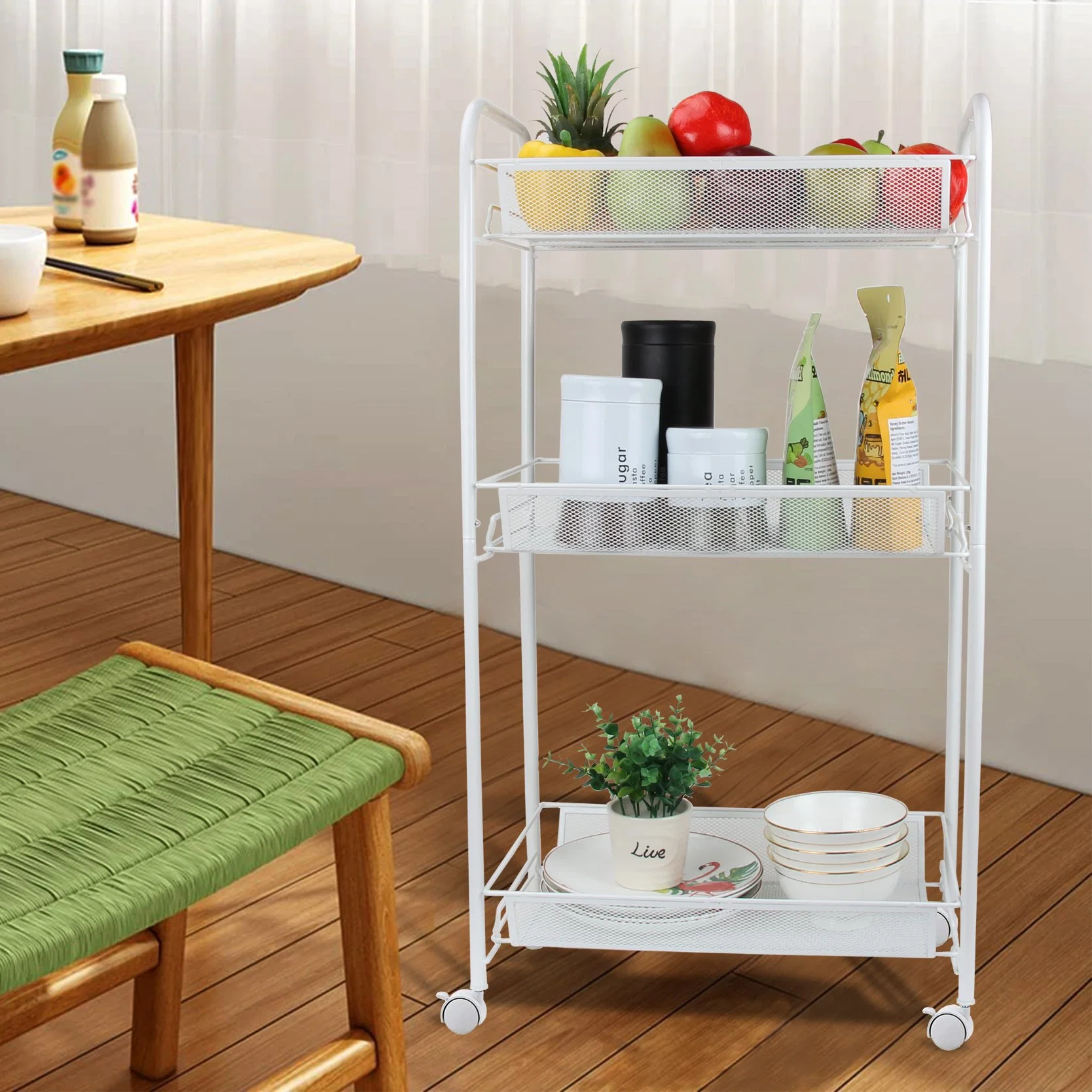Home Use 3 Tier Metal Mesh Utility Rolling Cart Kitchen Wire Vegetable Basket Storage Trolley