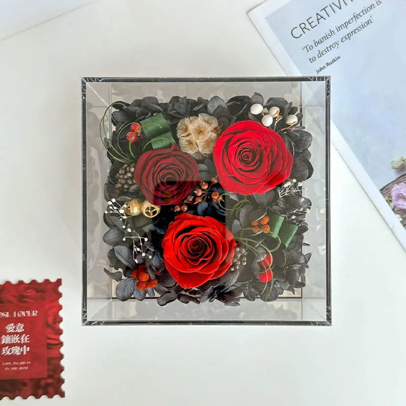 Regalo de boda al por mayor Flor de Rosa Natural Rosas preservadas Lujo eterno Regalo de cumpleaños de rosas en una caja de ideas de regalo acrílicas