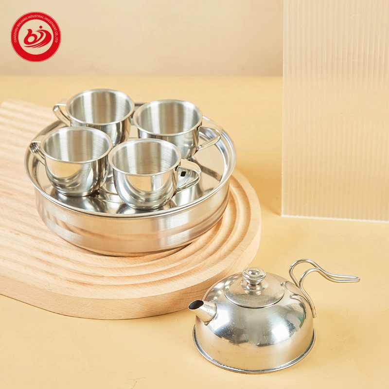 4PCS Stainless Steel Utensils Outdoor Camping Kitchen Utensils Toy Kettle with 3PCS Cups Kid Chef Pretend Mini Kitchen Set Toy